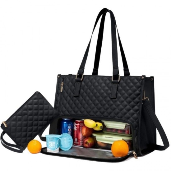 In stock women's lunch handbag with insulated lunch compartment, quilted large capacity computer handbag