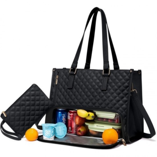 In stock women's lunch handbag with insulated lunch compartment, quilted large capacity computer handbag