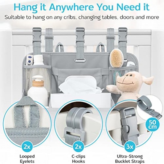 Baby multi-functional bedside diaper storage hanging bag, portable large capacity bed side hanging organizer bag for baby supplies